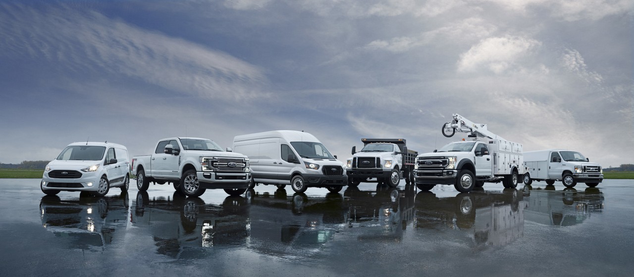 A line-up of Ford Commercial vehicles