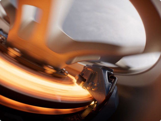 The carbon ceramic brakes of a Mustang® GTD glowing red from heat