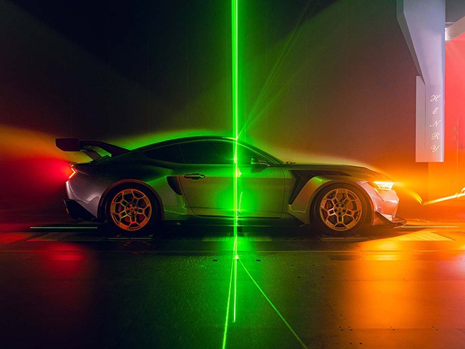 Dramatic multi-color lighting shines from a Mustang® GTD