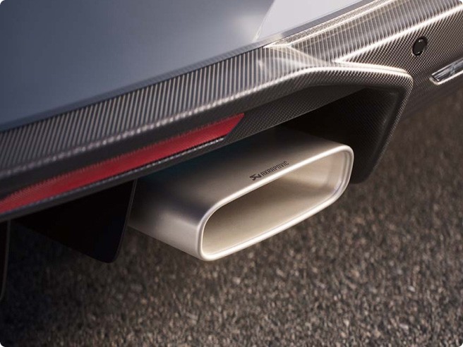 The titanium rear exhaust tip of a Mustang® GTD
