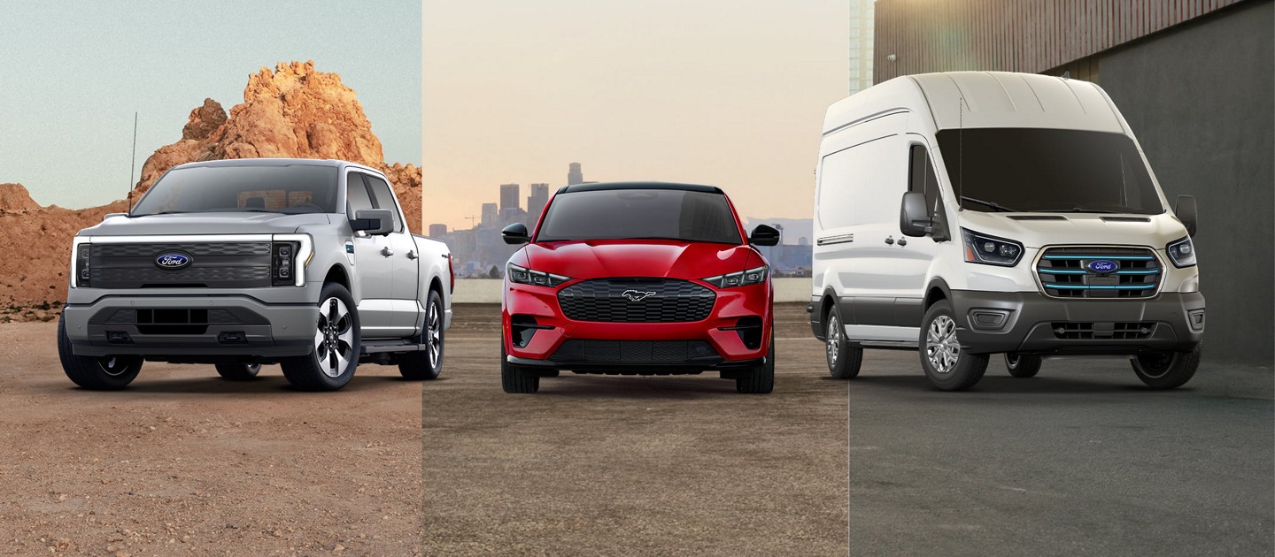 Pack shot of Ford electric vehicles including the F-150 Lightning, Mustang Mach-E, and E-Transit.