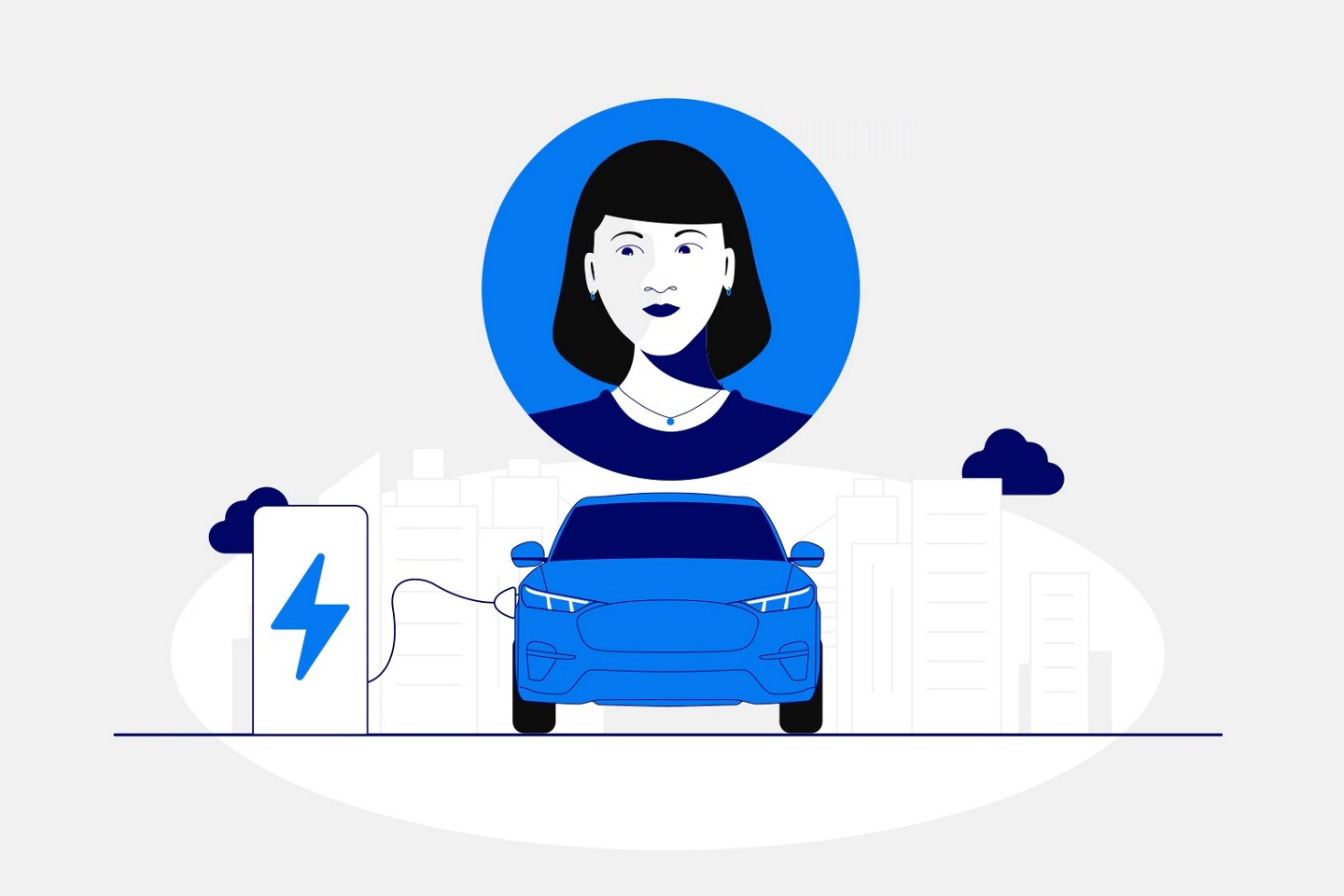 Illustrated image of a woman's face above an electric vehicle that is plugged into a charger.