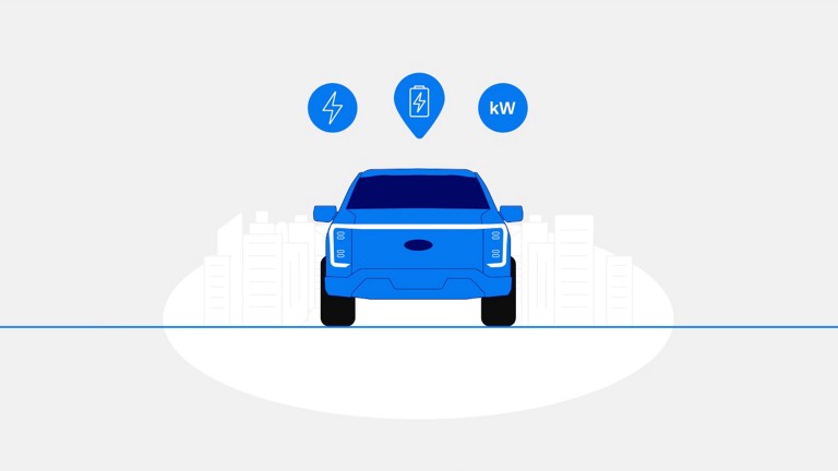 Illustrated image of an F-150 Lightning with three icons above representing charging, battery, and kilowatts.