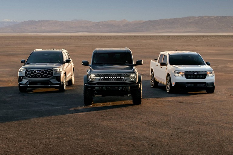 Ford vehicle lineup featuring Explorer, Bronco, & Maverick.