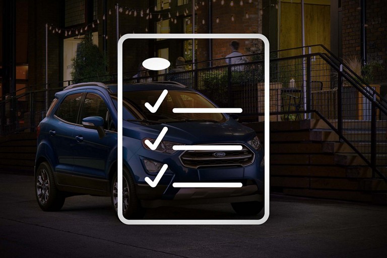Icon representing a checklist superimposed over an image of a blue Ford EcoSport.