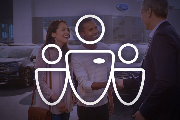 Icon representative of three people superiposed over a scene of two people aonsulting with a Ford service professional.