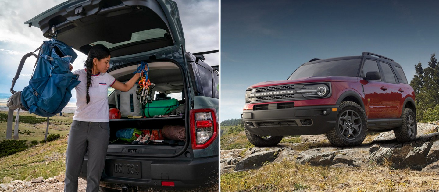 Left: A woman loads camping gear into the back of a Ford Bronco Sport. Right: A red Ford Bronco SPort is parked on a rocky outcrop in forrest terrain.