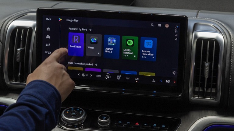 A Ford vehicle technology screen showing the Spotify, Prime Video, and YouTube app icons, plus a few others. Screen may vary.