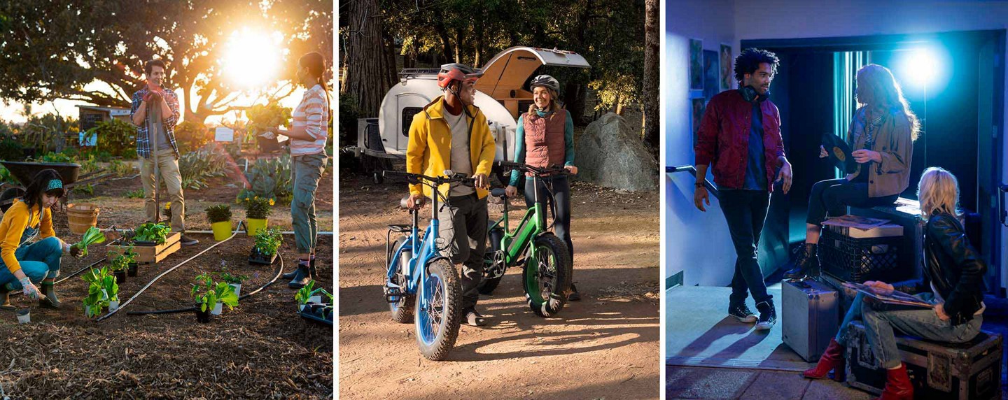 Three images of people gardening and walking bicycles through campground and holding vinyl records