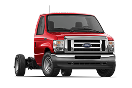 2025 Ford E-Series Cutaway 350 single-rear-wheel in Race Red front 3/4 angle shown