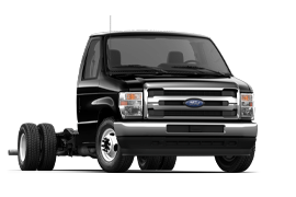 2026 Ford E-Series Cutaway 350 dual-rear-wheel in Agate Black front 3/4 angle shown