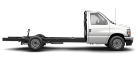 2026 Ford E-Series Cutaway 350 single-rear-wheel in Oxford White side profile angle shown