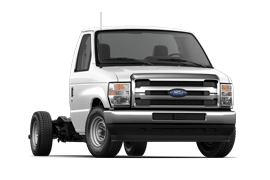 2026 Ford E-Series Cutaway 350 single-rear-wheel in Oxford White front 3/4 angle shown