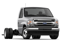 2026 Ford E-Series Cutaway 450 dual-rear-wheel in Iconic Silver front 3/4 angle shown