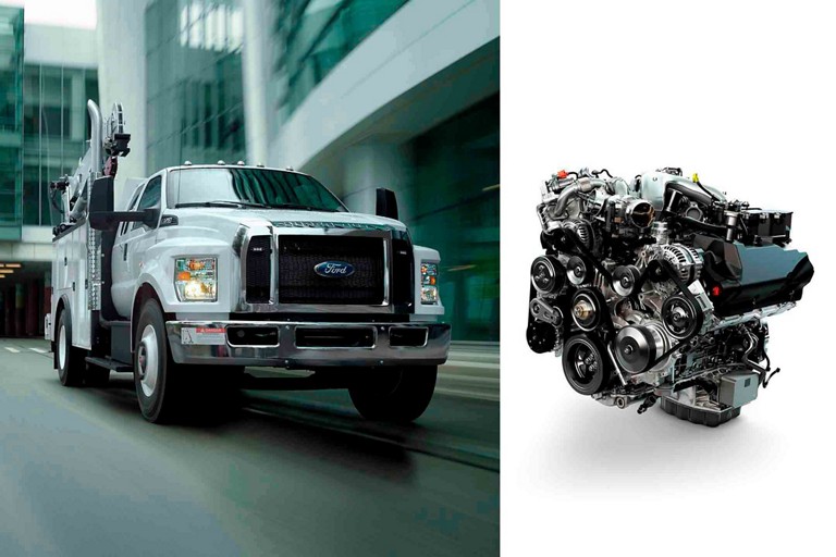 2026 Ford F-750® SuperCab in Oxford White being driven on road and 6.7L Power Stroke® V8 Turbo Diesel engine