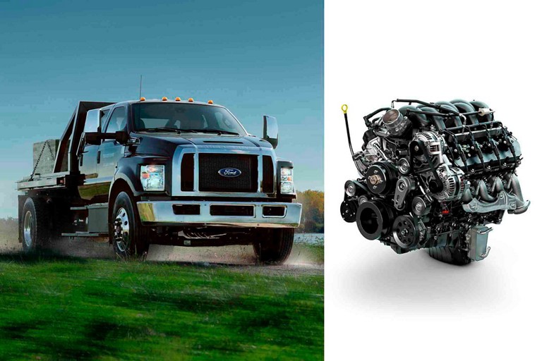 2026 Ford F-750® Crew Cab in Agate Black being driven on dirt road near grass and water and 7.3-litre V8 gas engine
