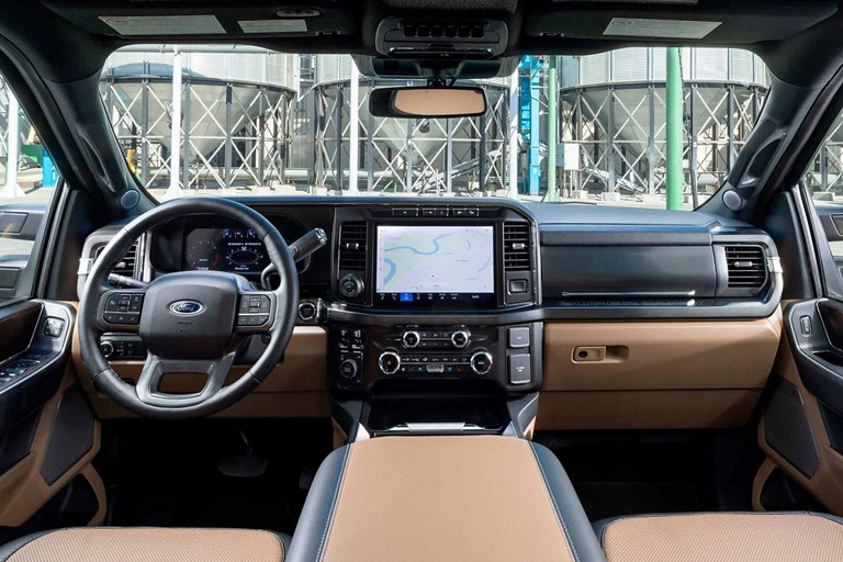 Interior of the 2025 Ford Super Duty® F-350® LARIAT® pickup showing the 12-inch touchscreen