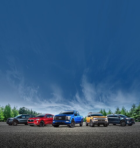 Ford, Your Journey Starts Here. Lineup of 2023 Ford vehicles. Left to right, Explorer, Escape, F-150, Bronco Sport, Edge.