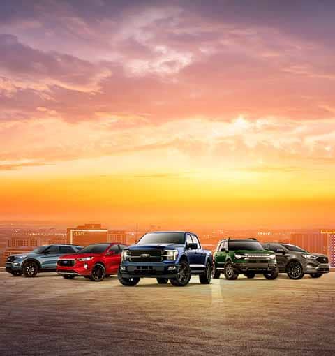 Get great offers on a new Ford. Lineup of 2024 Ford vehicles. Left to right, explorer, escape, F-150, Bronco Sport, Edge. 