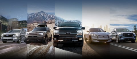 Get great offers on a new Ford. The lineup of Ford vehicles is shown from left to right: Escape, Bronco Sport, F-150, Mach-E, and Explorer. 