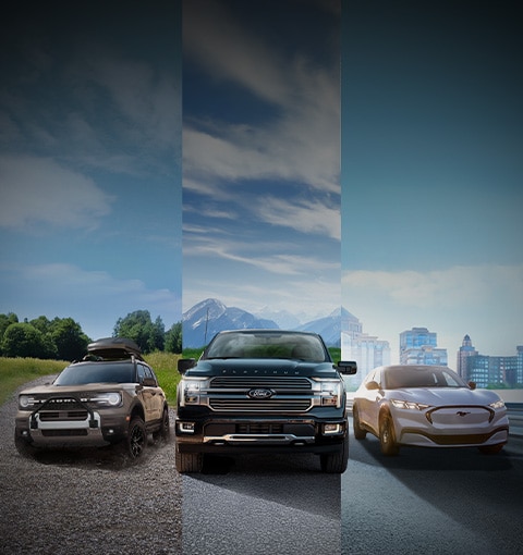 The lineup of Ford vehicles is shown from left to right: Escape, Bronco Sport, F-150, Mach-E, and Explorer.