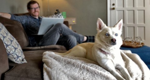 A man relaxes safely at home with his dog