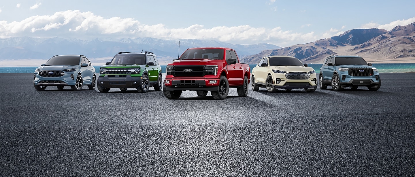 An all-line shot of the Ford Escape, F-150, Bronco Sport, Bronco, and Mustang Mach-E.