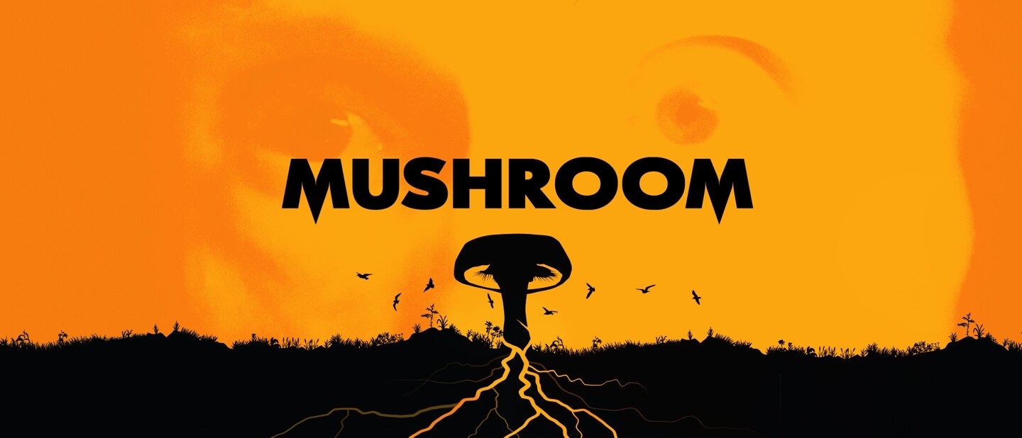 Mushroom. A black musroom grows from the ground against a ghostly face on an orange background