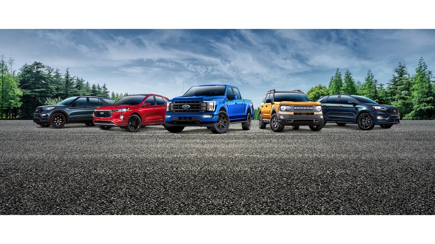 Group shot of lineup of Ford vehicles 