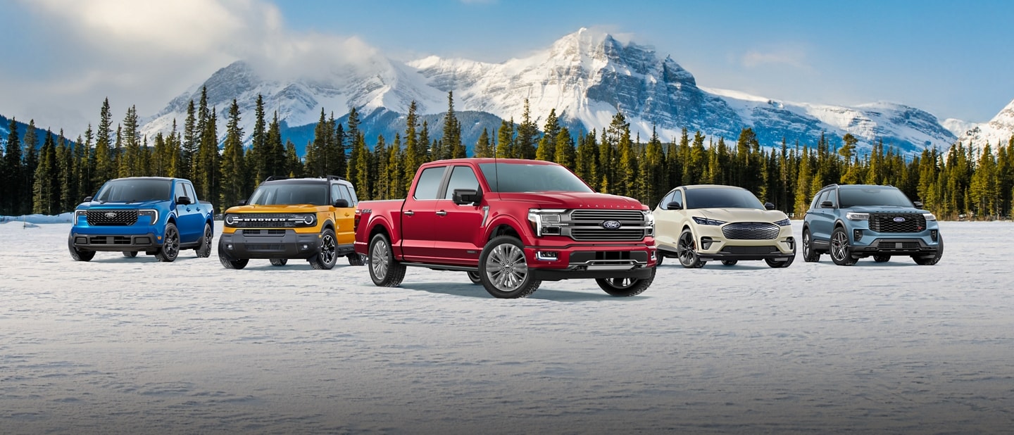The lineup of Ford vehicles is shown from left to right: Maverick, Bronco Sport, F-150, Mach-E, and Explorer.