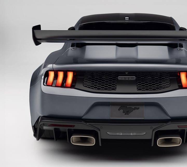 The aerodynamic rear wing and vented rear decklid of a Mustang® GTD