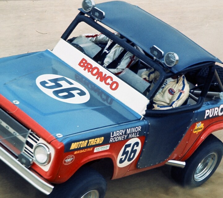 The number 56 racing Ford Bronco being driven by Larry Minor and Rodney Hall in the 1969 Mexican 1000 race