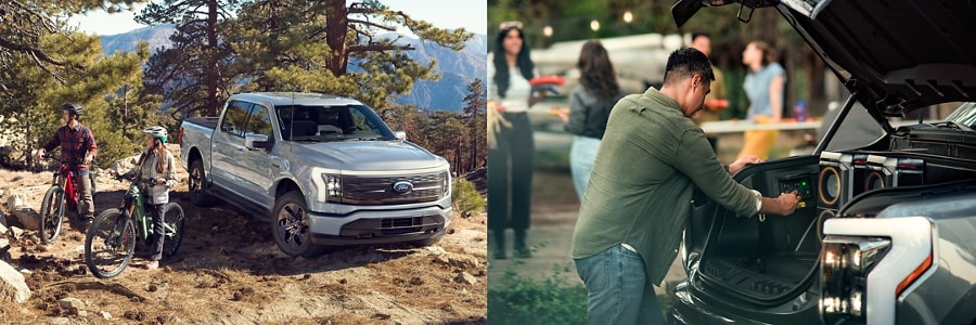 Composite image showing two people on mountain bikes preparing to embark on a trail next to a silver Ford F 1 50 Lightning, and a man attaching powered speakers to the power port in the frunk of an F-1 50 Lightning.