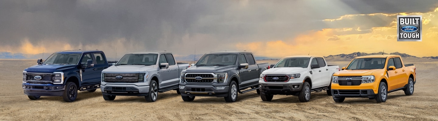 Pack shot showing the full lineup of Ford trucks. F 1 50, F 1 50 Lightning, Super Duty, Ranger and Maverick.
