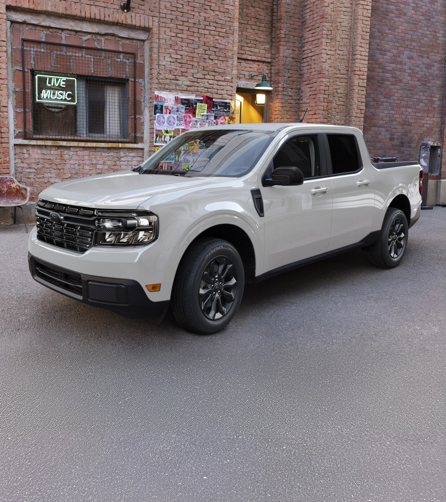 A Ford Maverick® parked in front of a small independent music store