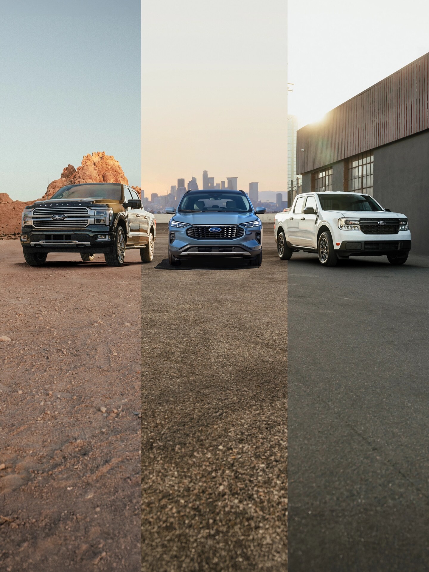Ford vehicle lineup featuring F-150, Escape, & Maverick.