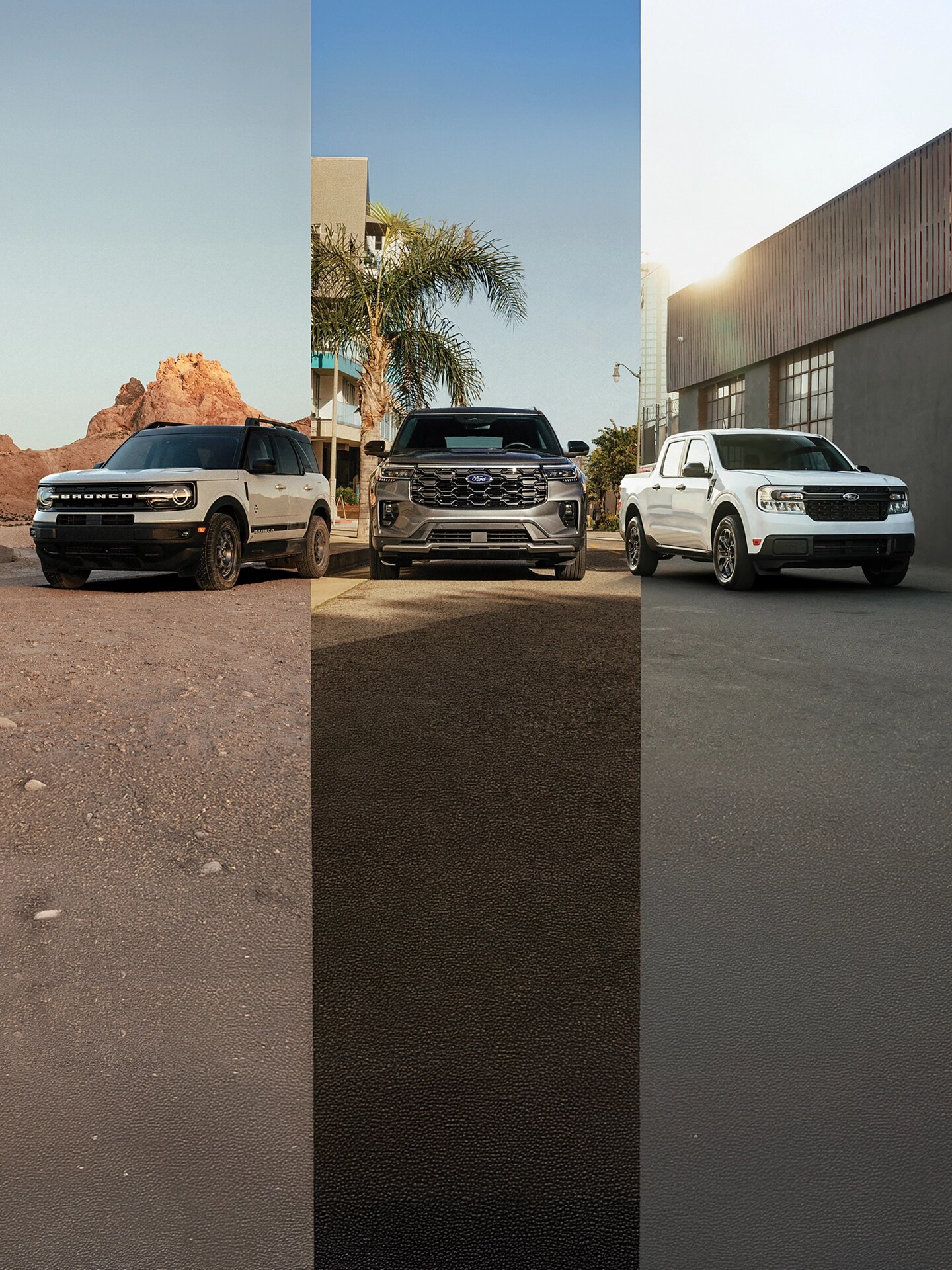 A pack shot of Ford vehicles including Bronco® Sport, Explorer® and Maverick®.