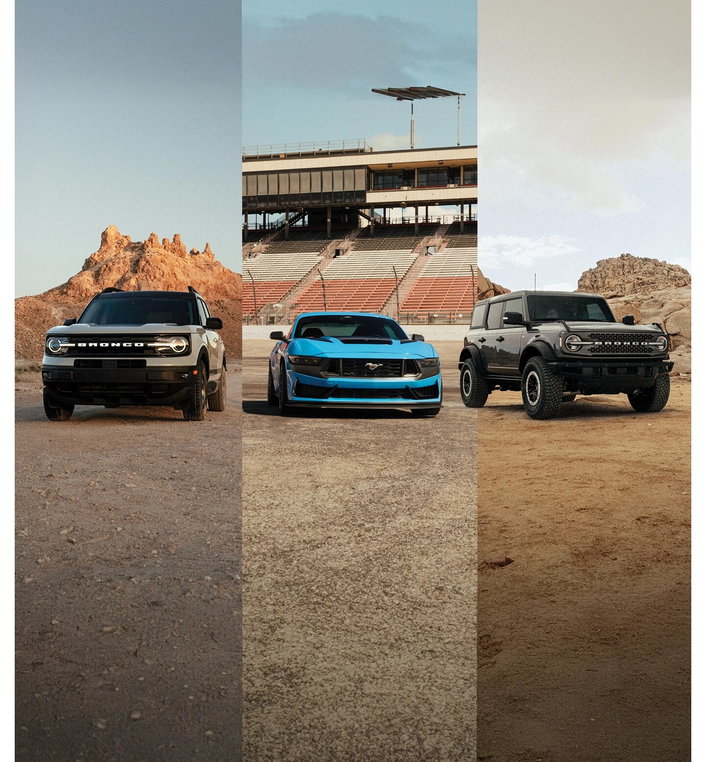 A split screen shot of a Ford Bronco®, Mustang®, and Bronco® Sport