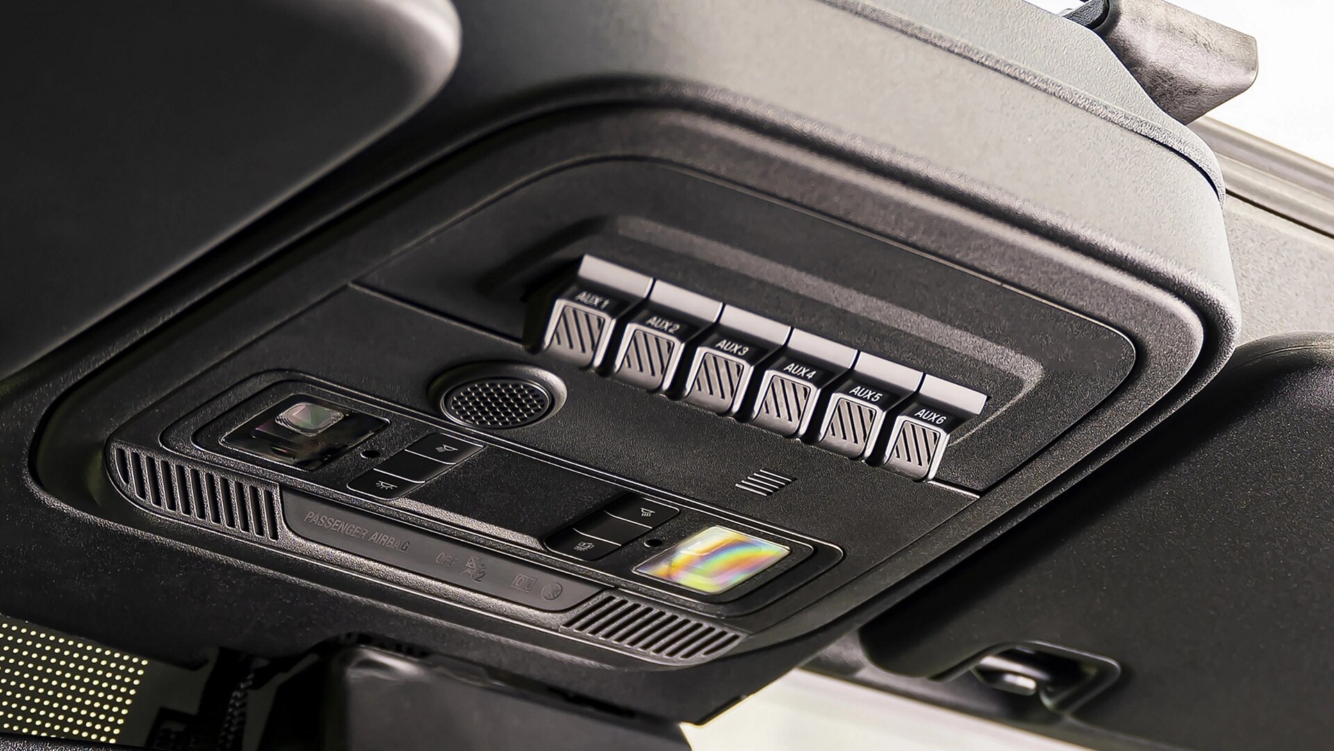 A close-up of the prewired auxiliary upfitter switches available on 2025 Ford Bronco® SUVs