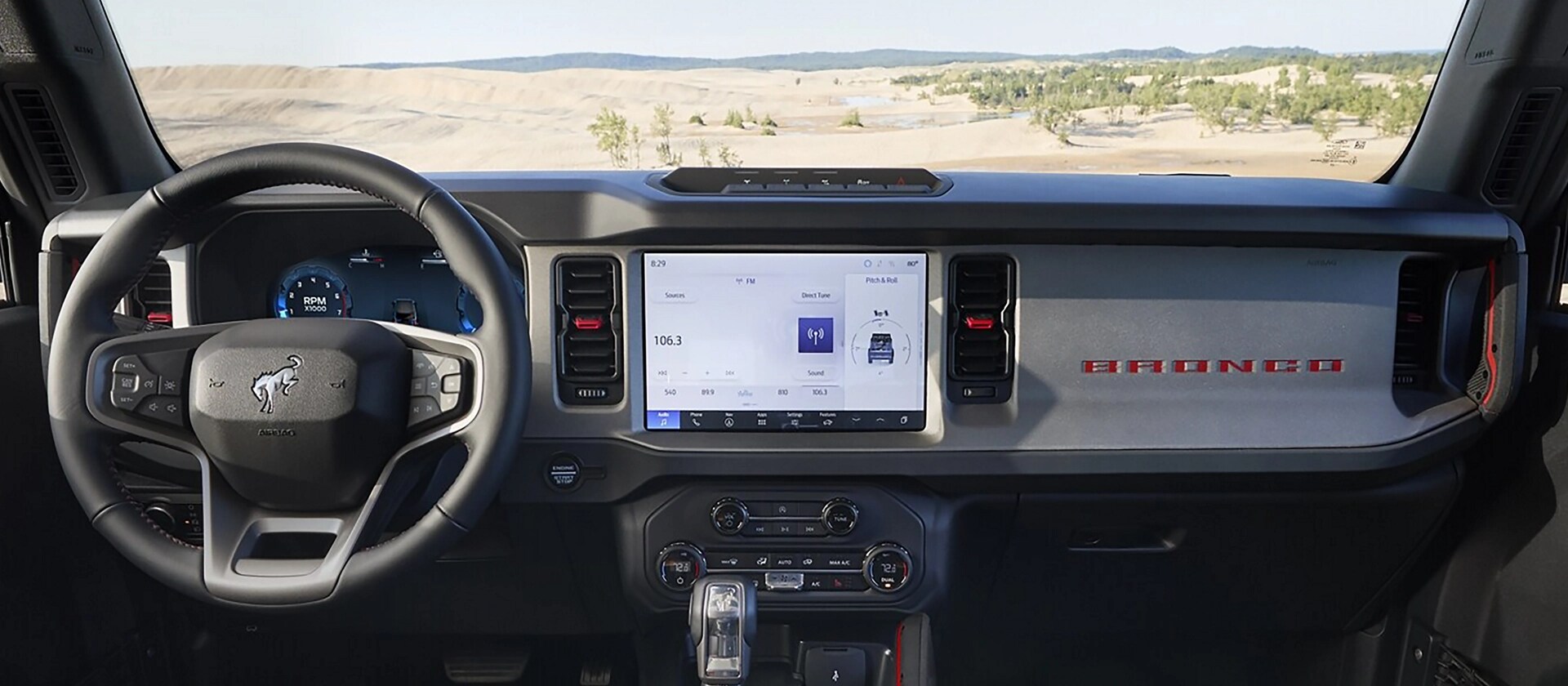 The dashboard of a 2025 Ford Bronco® SUV, showing the 12" centre touchscreen