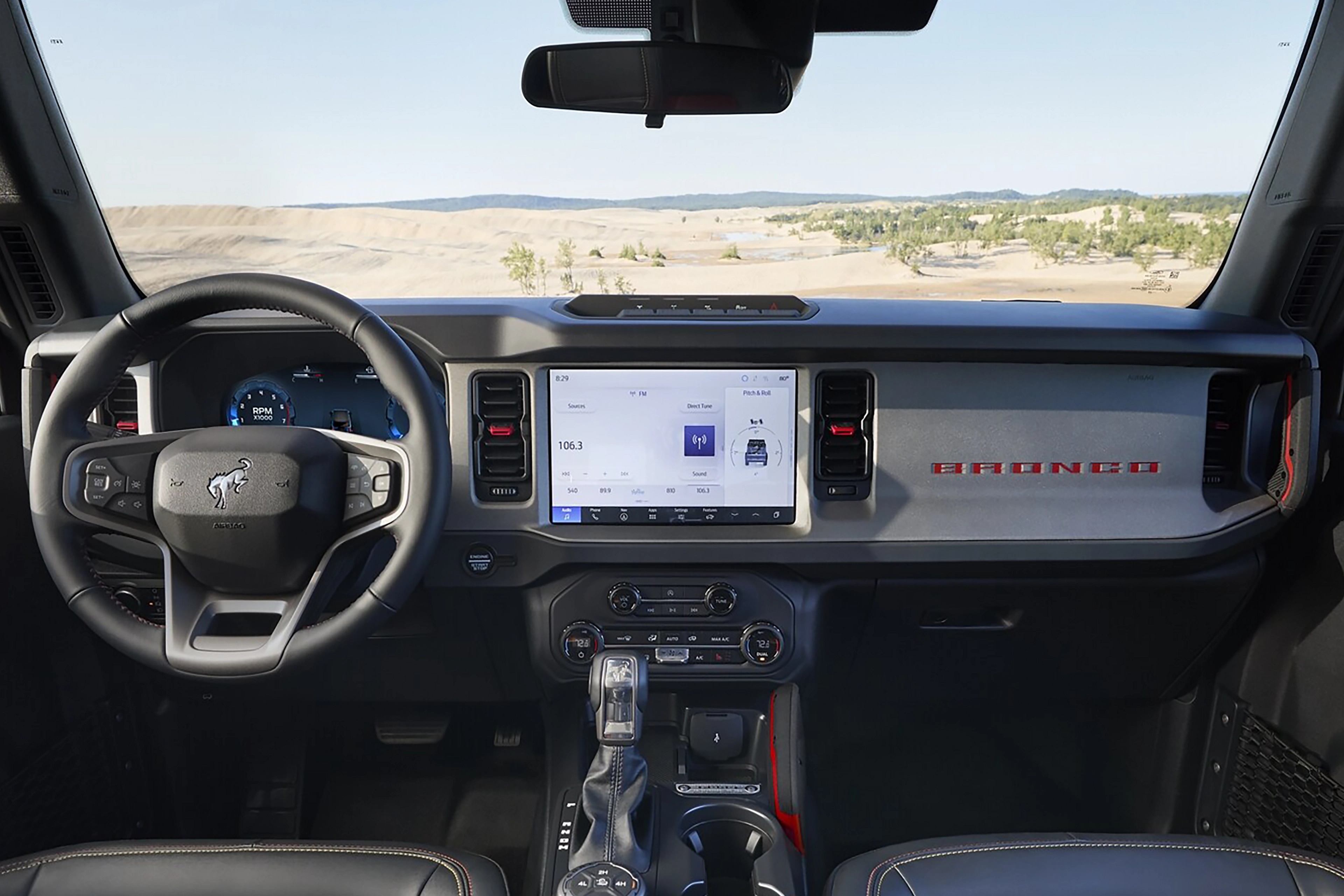 The dashboard of a 2025 Ford Bronco® SUV, showing the 12" touchscreen