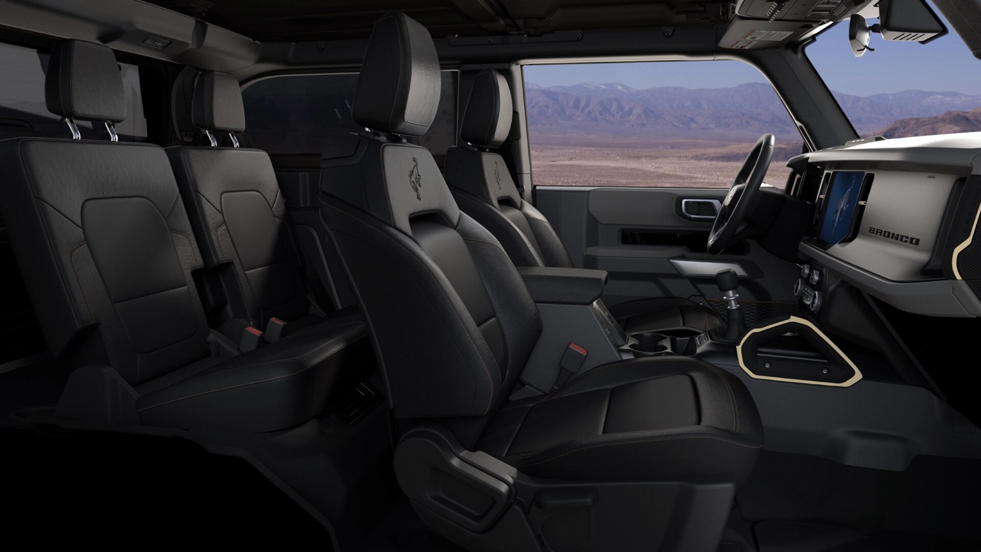 The front seat area of a 2025 Ford Bronco® SUV, showing the marine-grade vinyl seat coverings