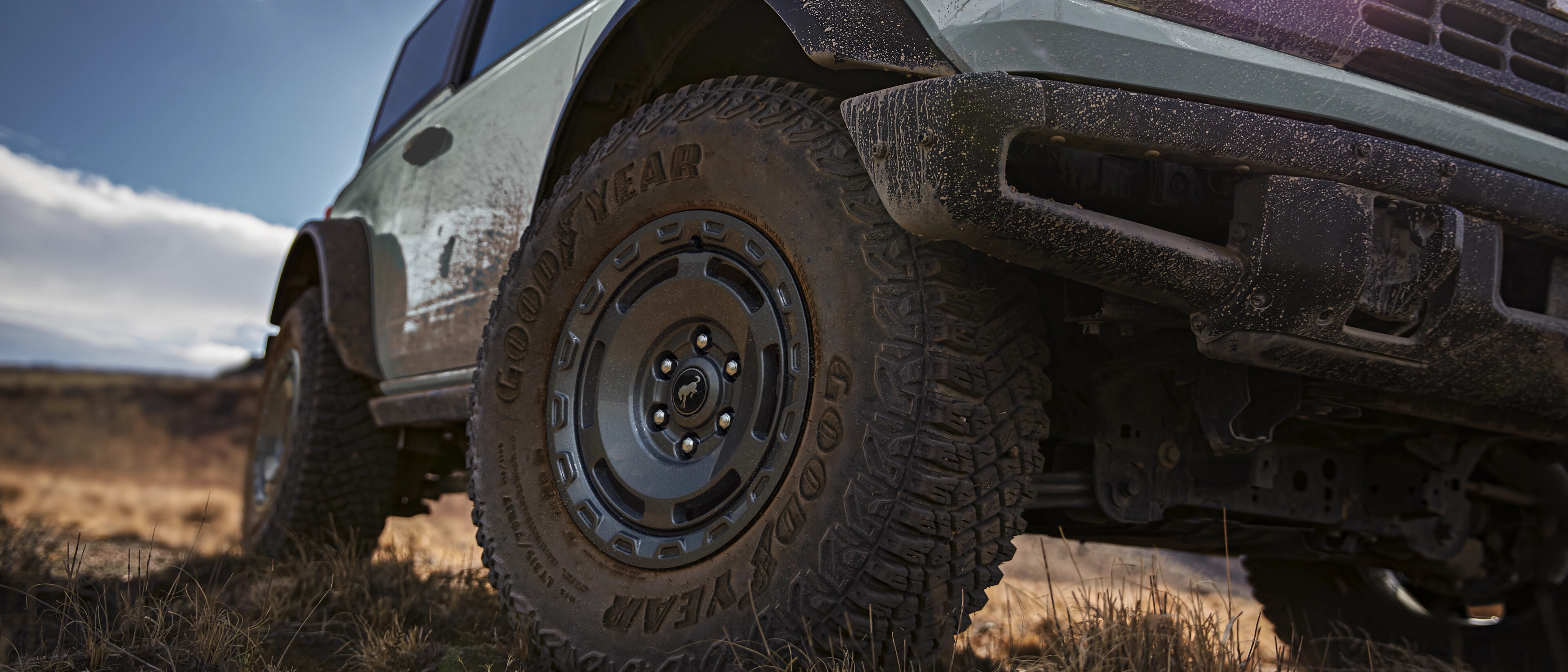 A low-angle view of a muddy 2025 Ford Bronco® SUV