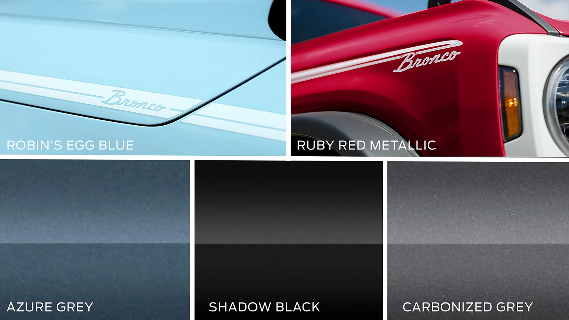 Colour swatches illustrating the available heritage paint colours on a 2025 Ford Bronco® SUV