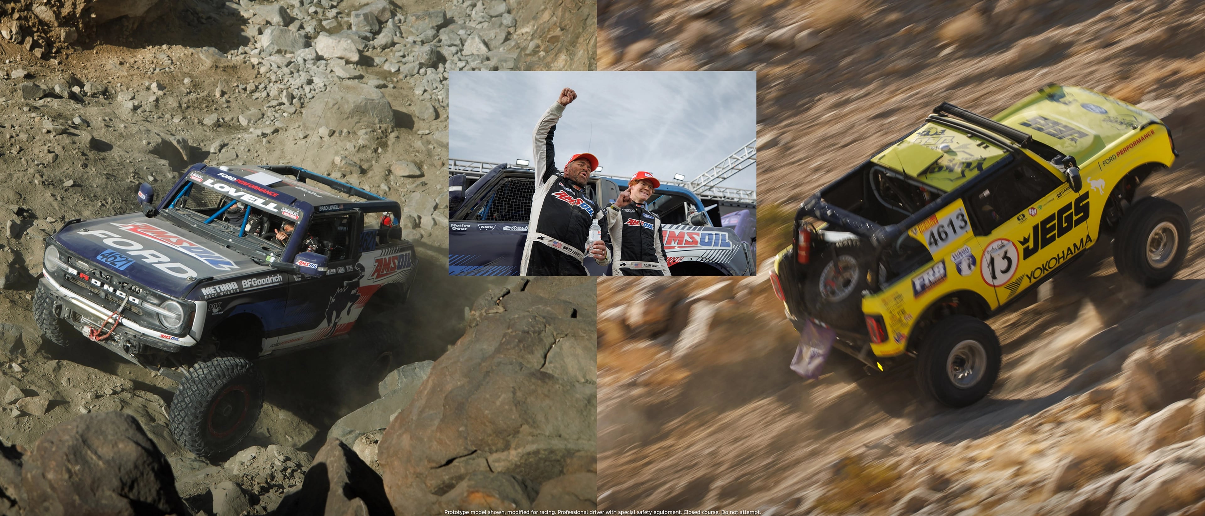 A photo collage of 2025 Ford Bronco® SUVs and drivers at King of the Hammers