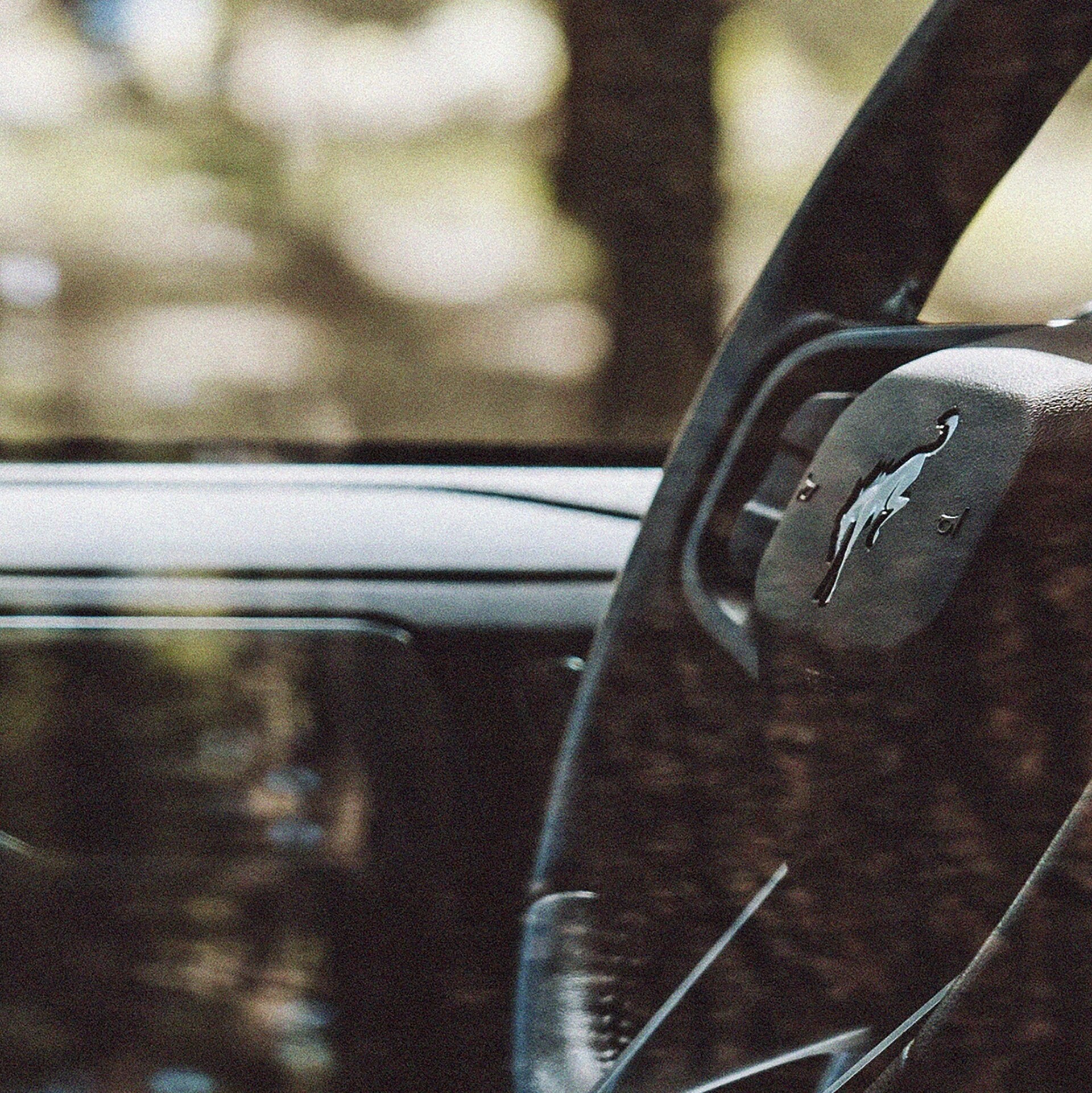 A close-up of the Bucking Bronco logo on the steering wheel of a 2026 Ford Bronco® SUV