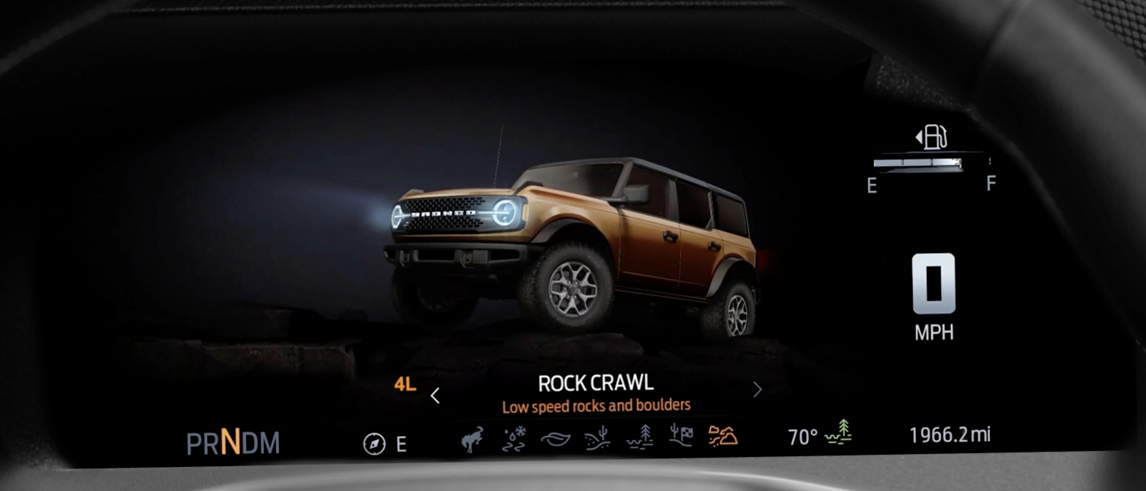 The digital cluster on a 2026 Ford Bronco® SUV, showing the drive mode selection interface