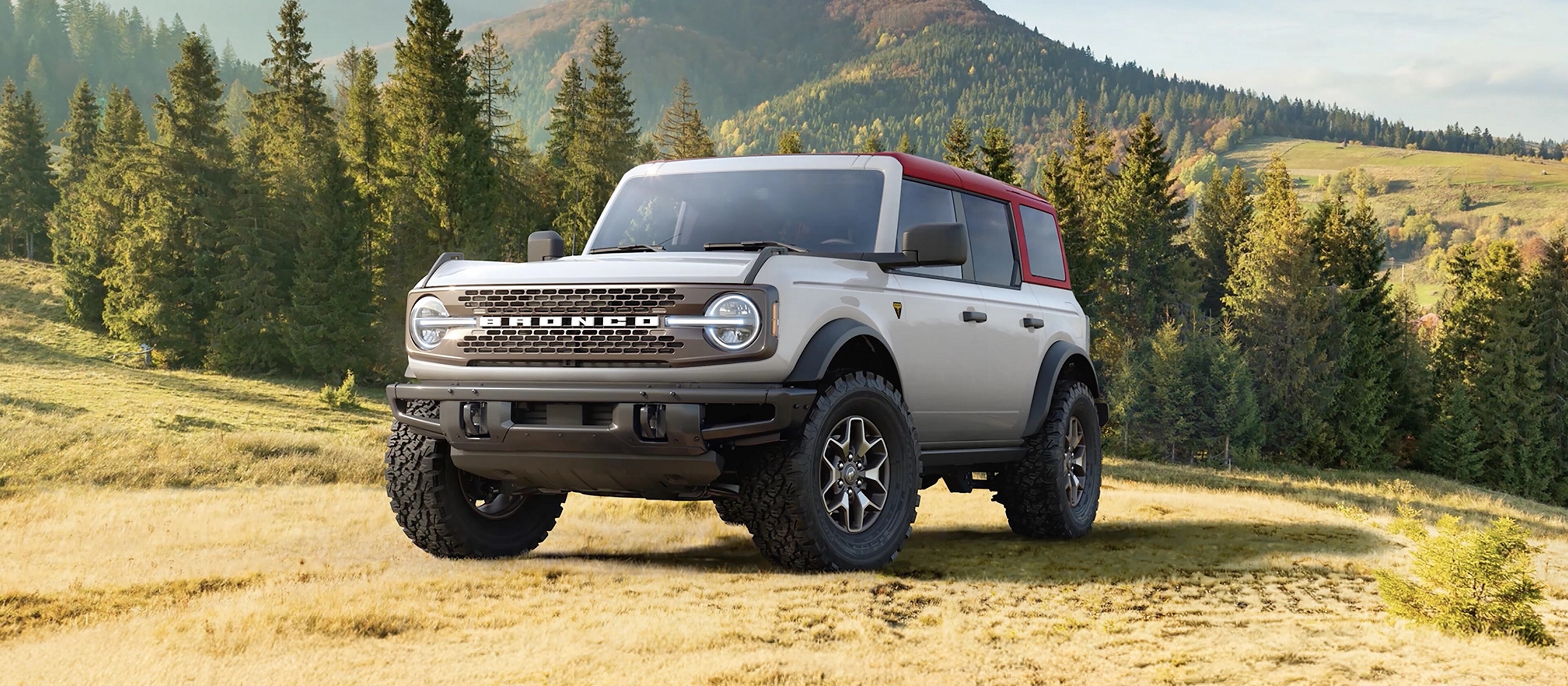 A 2026 Ford Bronco® SUV parked on a grassy hillside in the mountains
