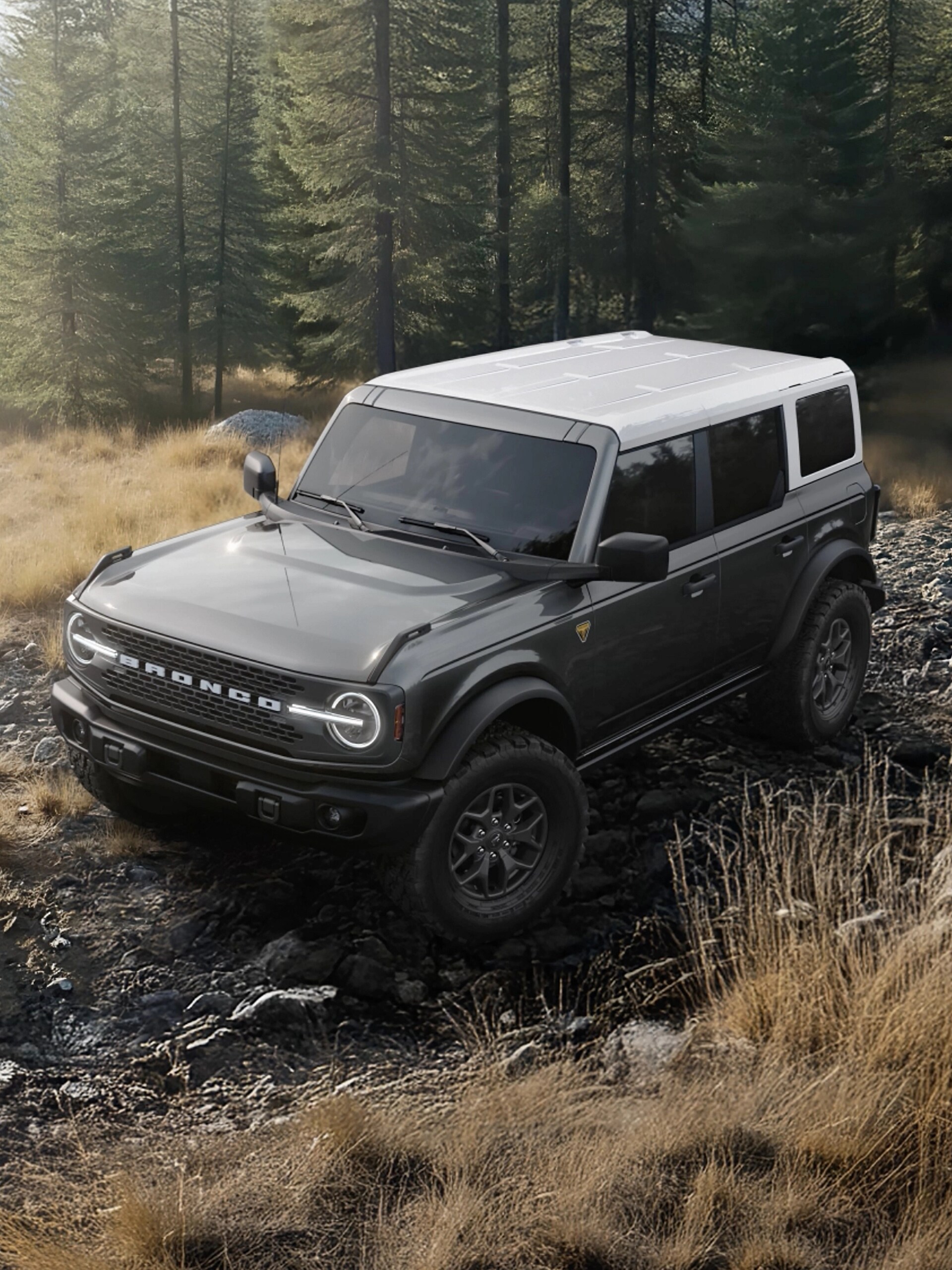 A 2026 Ford Bronco® SUV on a muddy path, with a dark-coloured body and a white roof