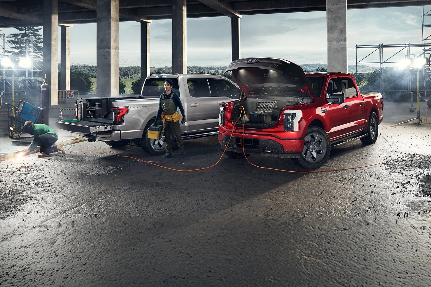 F-150 Lightning parked with the frunk open.
